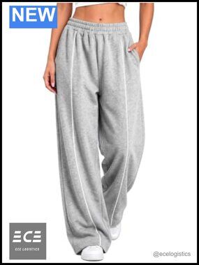 Wide Leg Elastic High Waist Track Pants Polyester Cotton Blend Pockets Workout
